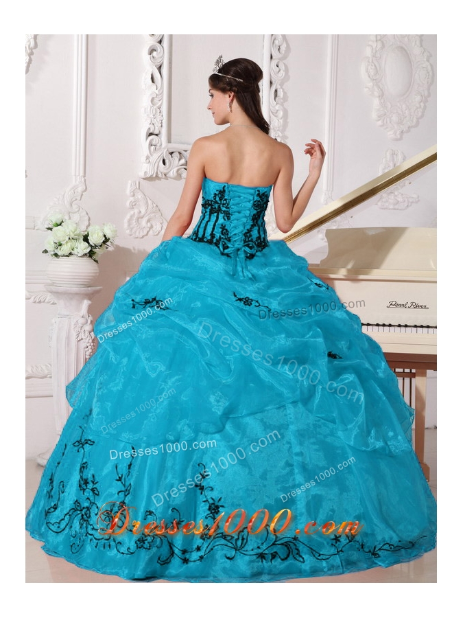 Aqua and Black Ball Gown Strapless Quinceanera Dress with Organza Appliques