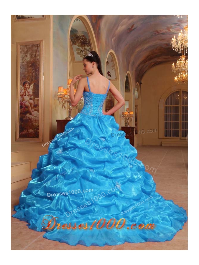 Aqua Blue Ball Gown Spaghetti Straps Quinceanera Dress with Organza Embroidery