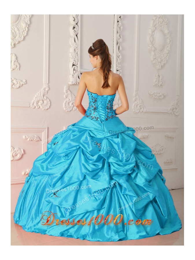 Aqua Blue Ball Gown Strapless Floor-length Quinceanera Dress with Taffeta Appliques
