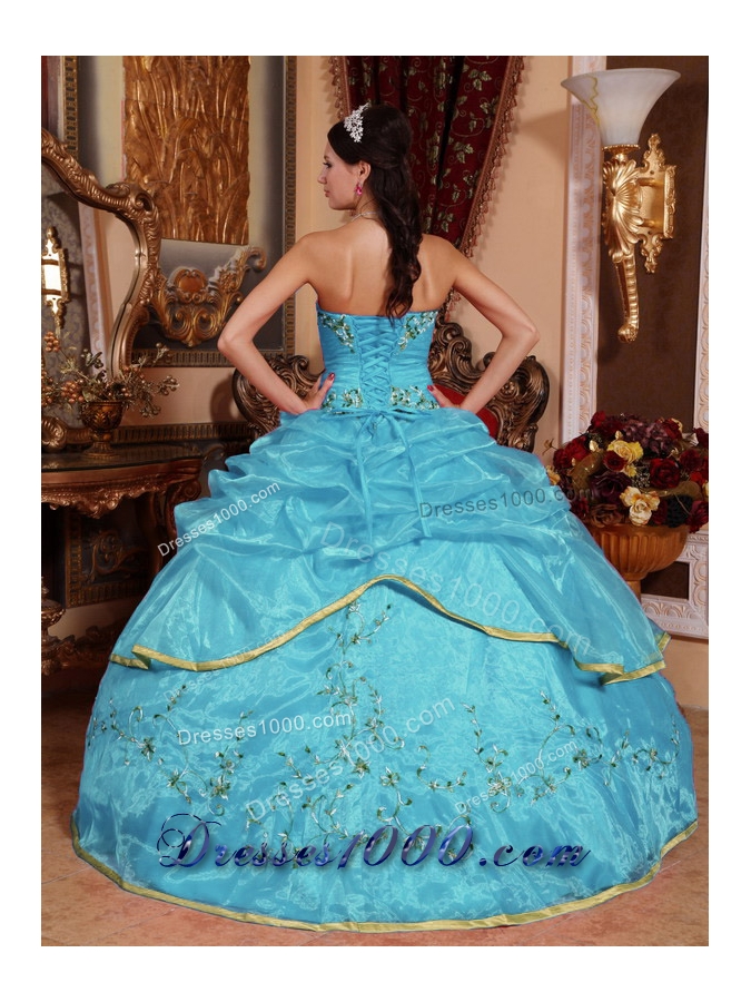 Aqua Blue Ball Gown Strapless Quinceanera Dress with Organza Appliques