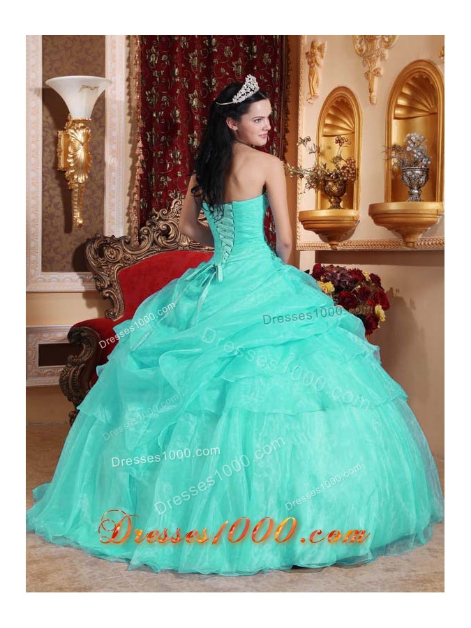 Aqua Blue Ball Gown Strapless Quinceanera Dress with Organza Beading
