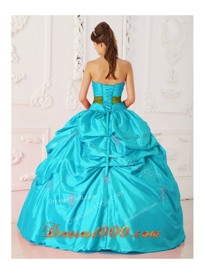 Aqua Blue Ball Gown Strapless Quinceanera Dress with Taffeta Beading Sash