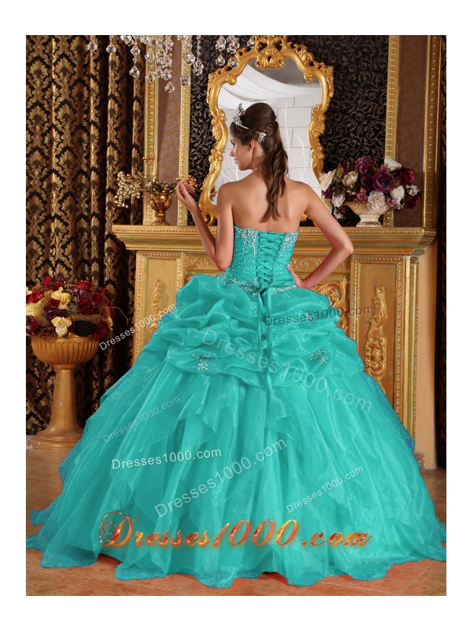 Aqua Blue Ball Gown Sweetheart Organza Appliques Quinceanera Dress with Beading