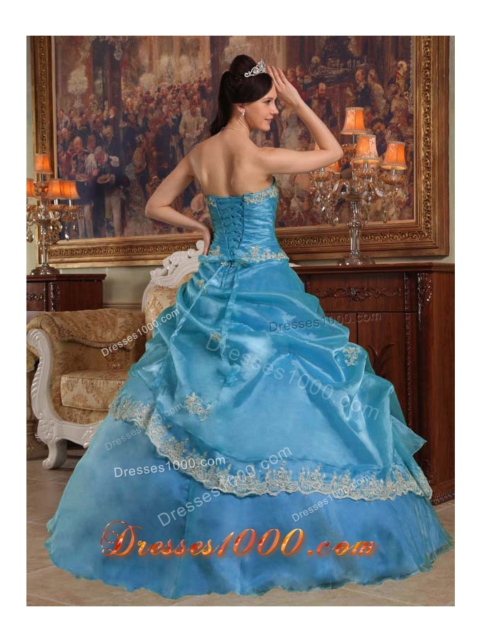 Aqua Blue Ball Gown Sweetheart Quinceanera Dress with Appliques Organza