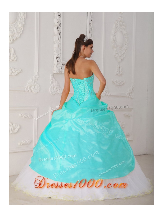 Baby Blue and White Ball Gown Strapless Quinceanera Dress with Taffeta Appliques