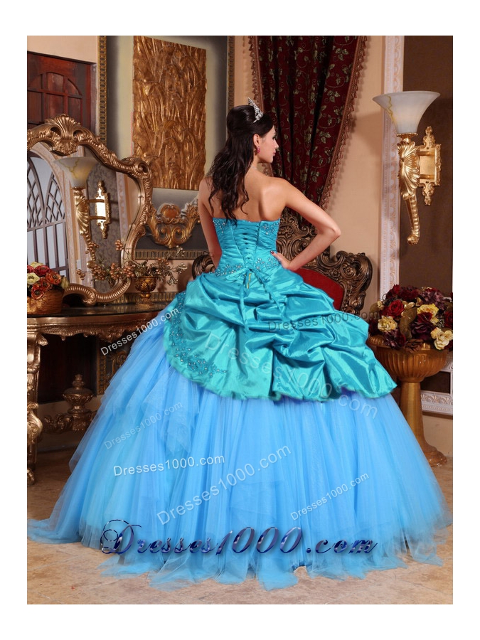 Blue Ball Gown Strapless Quinceanera Dress Appliques with Beading