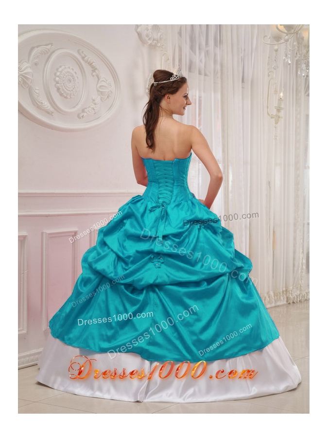 Teal and White Sweetheart Taffeta Beading and Pick-ups Quinceanera Dress