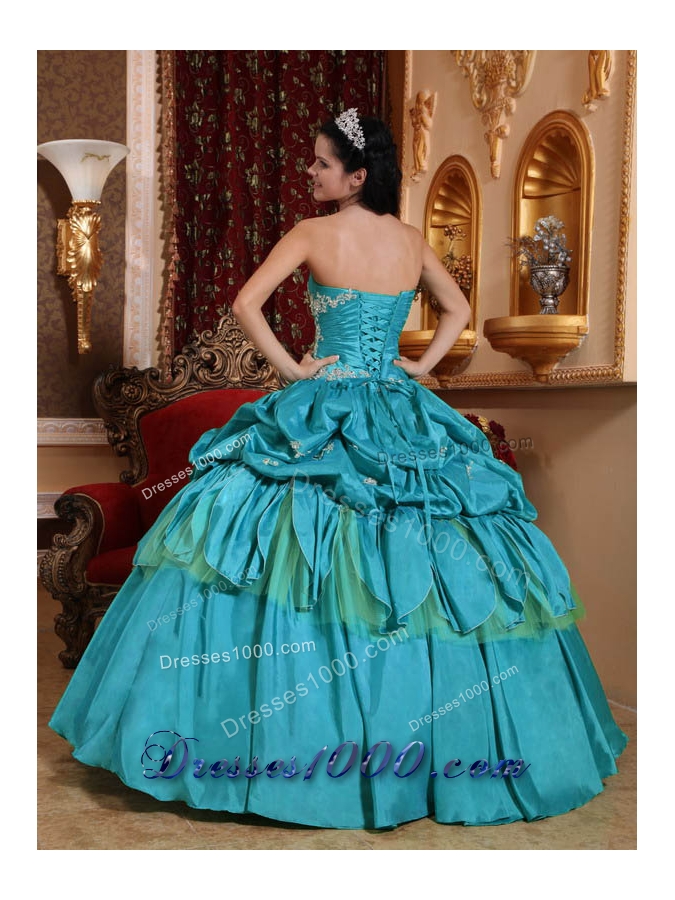 Teal Ball Gown Strapless Quinceanera Dress with Taffeta Appliques