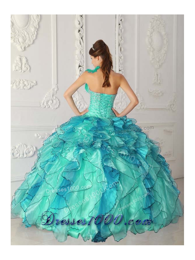 Turquoise Ball Gown Strapless Quinceanera Dress with Organza Beading