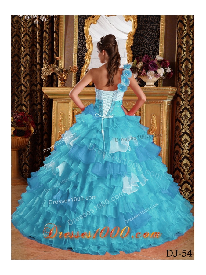 Aqua Blue Ball Gown One Shoulder Quinceanera Dress with Organza Ruffles Beading