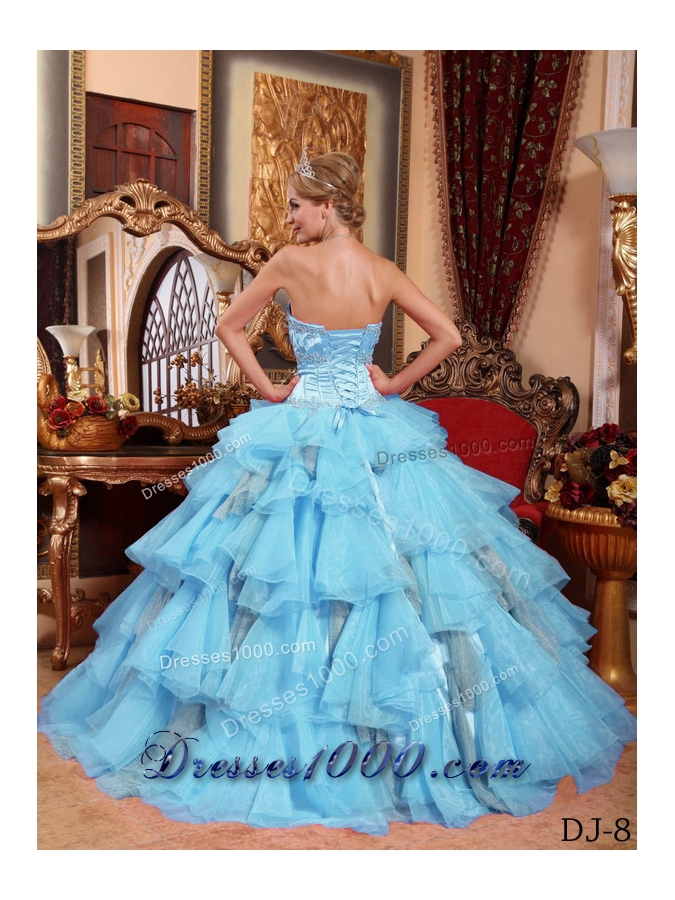 Aqua Blue Ball Gown Sweetheart Quinceanera Dress with Organza Beading