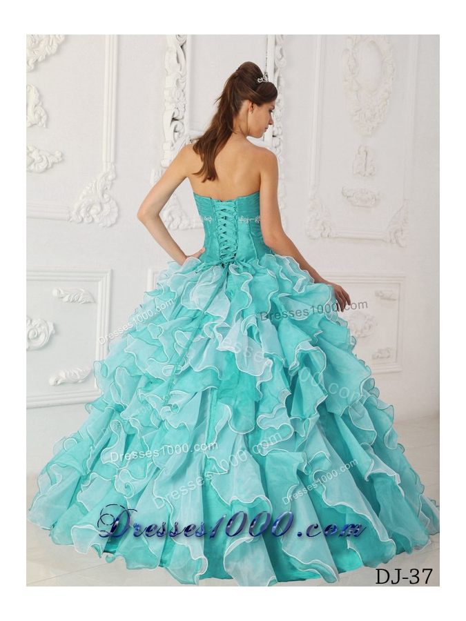 Aqua Blue Princess Sweetheart Quinceanera Dress Taffeta Organza Beading