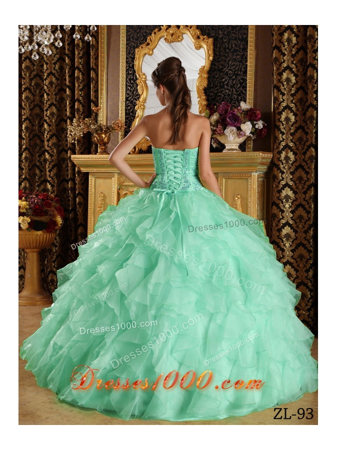 Apple Green Strapless Satin and Organza Embroidery Quinceanera Dress with Beading