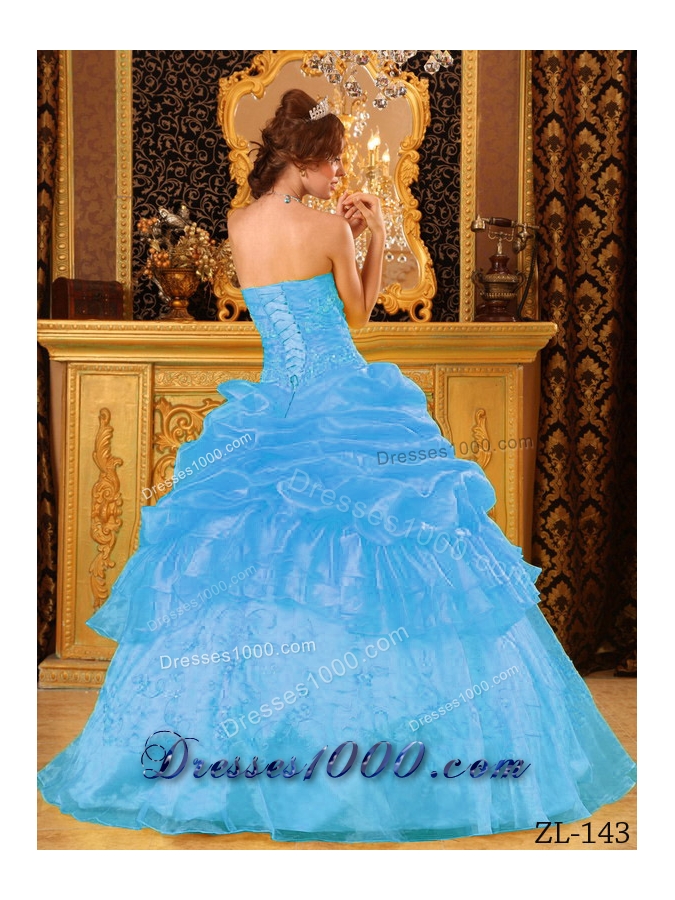 Aqua Blue Ball Gown Strapless Floor-length Organza Quinceanera Dress with Appliques