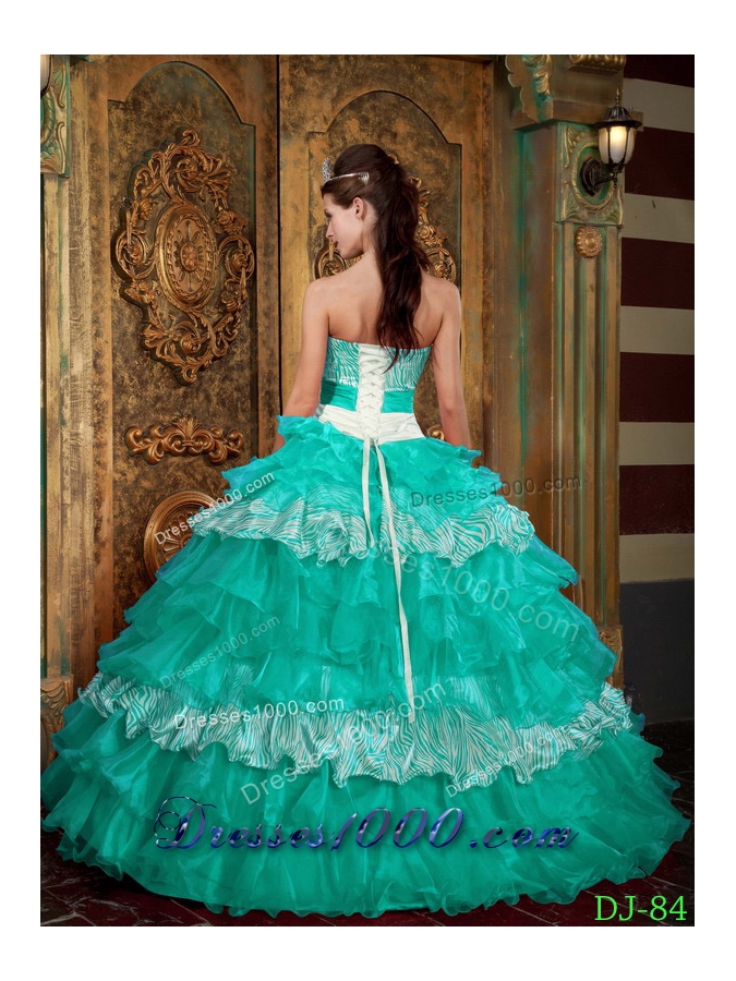 Puffy Strapless Floor-length Quinceanera Dress in Aqua Blue