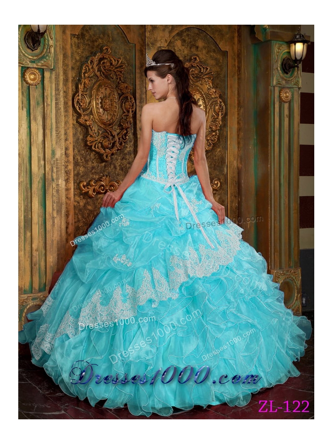 Aqua Blue Ball Gown Strapless Floor-length Quinceanera Dress with Ruffles Organza