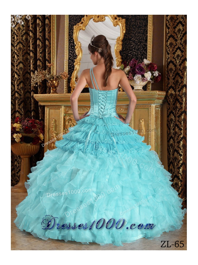 Baby Blue Ball Gown One Shoulder Quinceanera Dress Satin Organza Beading