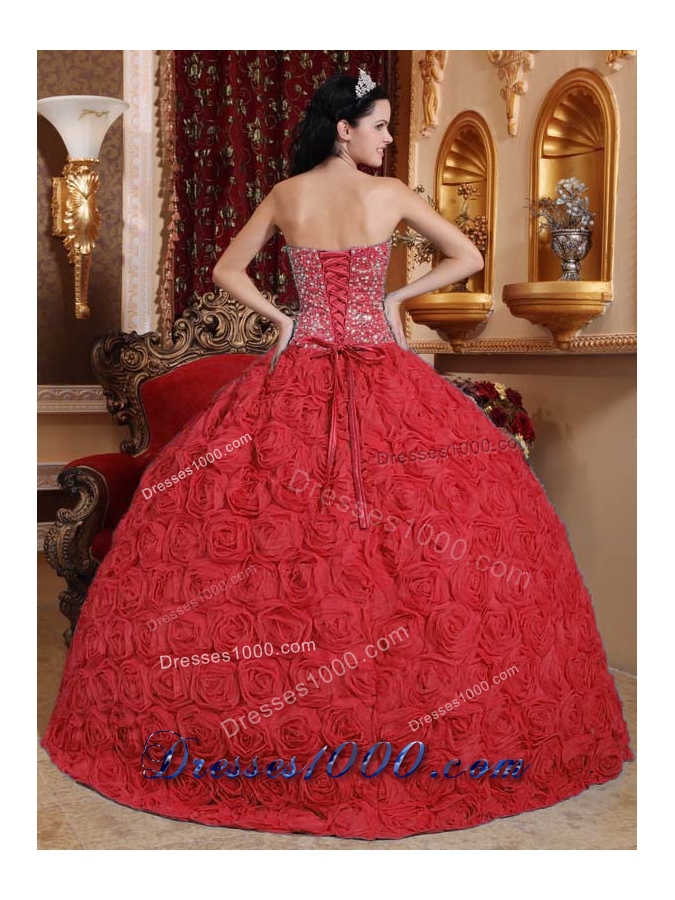 Beaded Red Fabric With Rolling Flowers Dress For Quinceanera