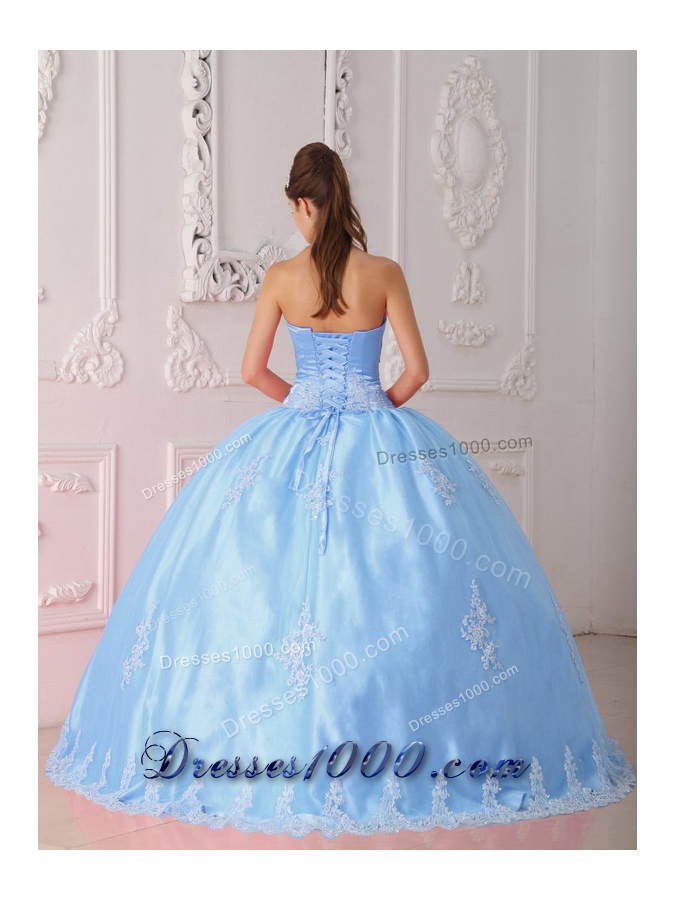 Blue Ball Gown Strapless Quinceanera Dress with Lace Appliques