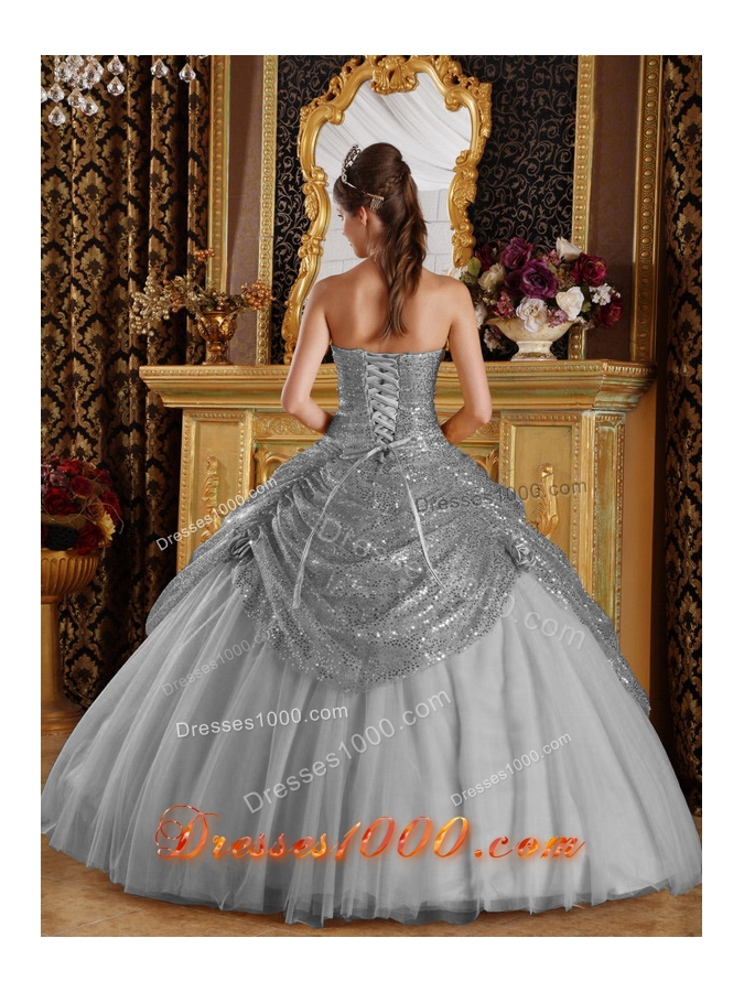 Classical Grey Puffy Sweetheart Sequined and Handle Flowers for 2014 Quinceanera Dress