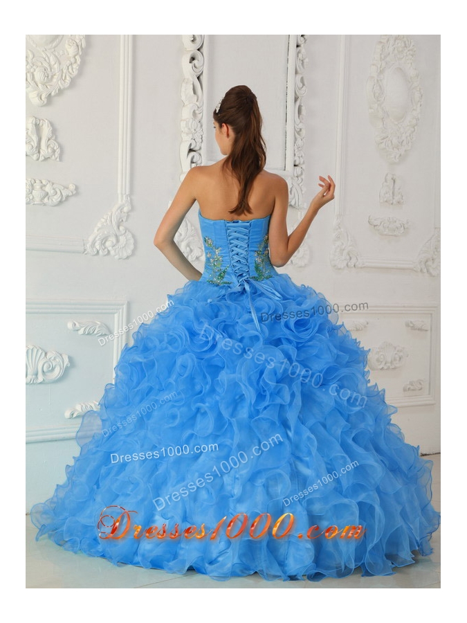 Exquisite Ball Gown Strapless Floor-length Embroidery Aqua Blue Quinceanera Dress