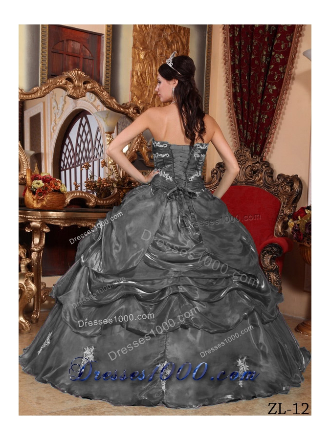Fashionable Dark Gray Puffy Strapless with Appliques for 2014 Quinceanera Dress