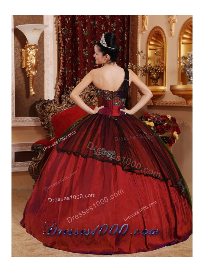 One Shoulder Beading and Appliques Burgundy Quinceanera Dresses Gowns