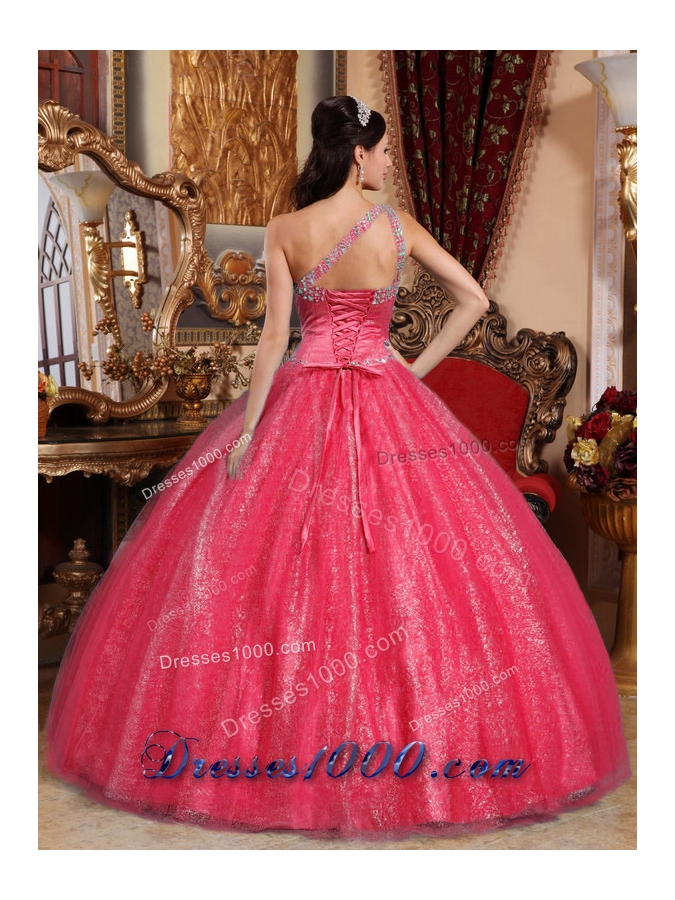 One Shoulder Puffy Beadeding Red Sequined Quince Dresses