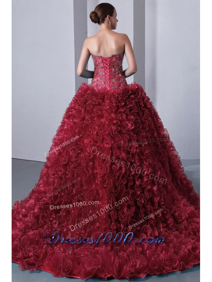 Princess Sweetheart Organza Beading and Ruffles Brush Train Quinceanera Gown Dresses