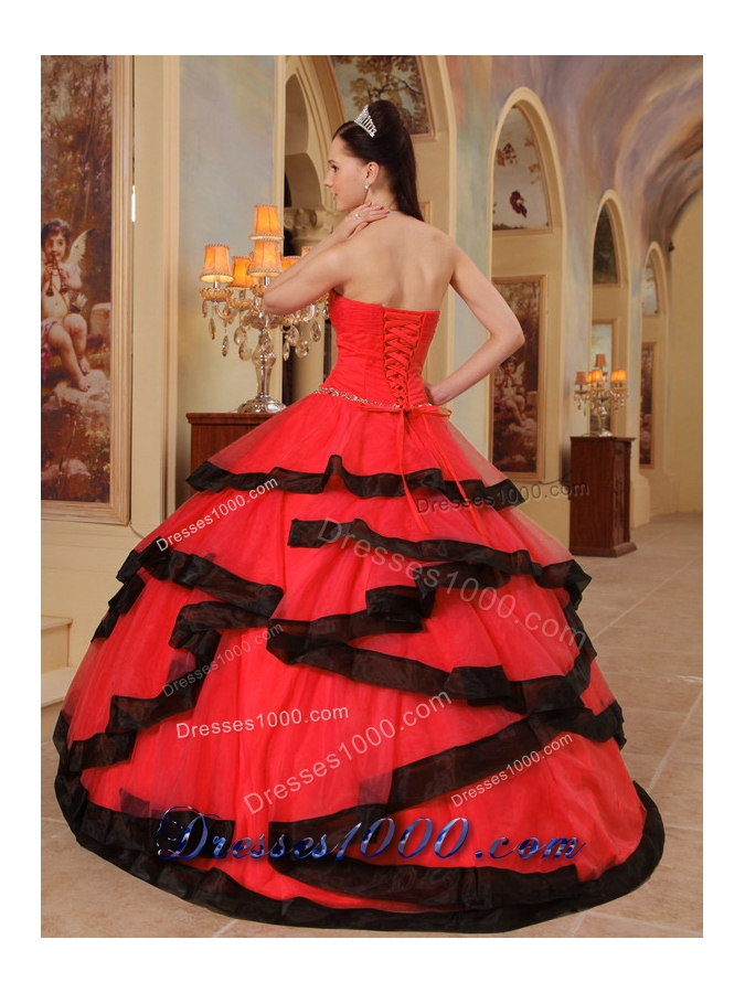 Red Organza Beading Red and Black Dresses For Quinceaneras