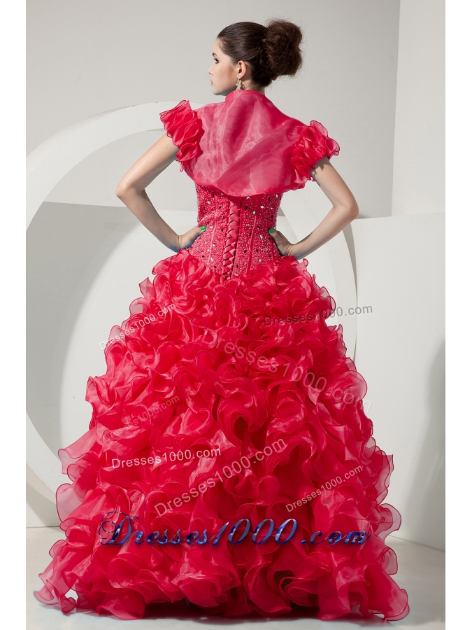 Red Princess Sweetheart Organza Beading and Ruffles Quinceneara Dresses