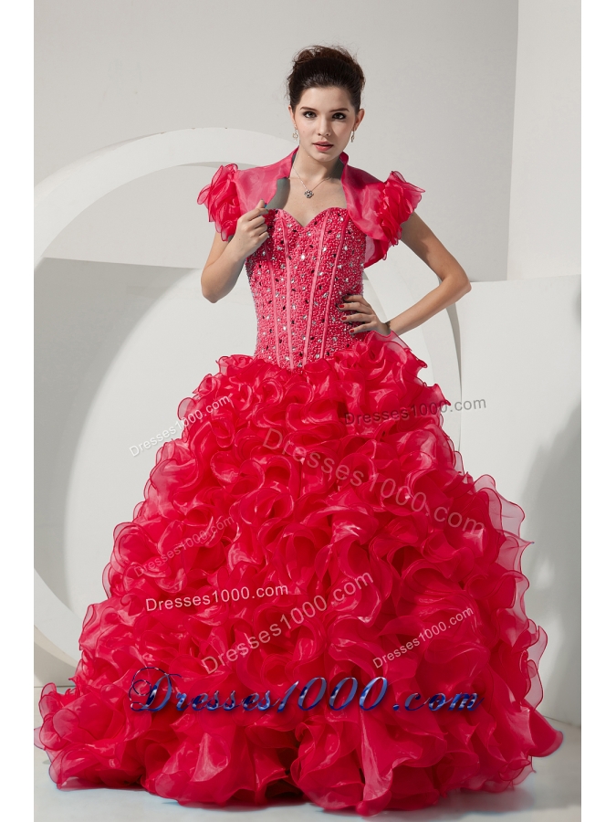 Red Princess Sweetheart Organza Beading and Ruffles Quinceneara Dresses