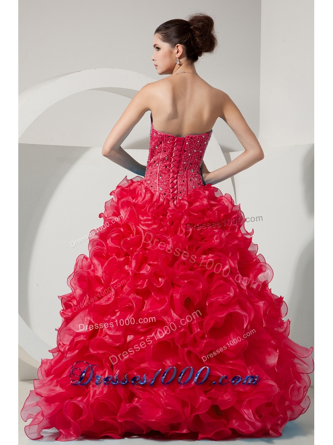 Red Princess Sweetheart Organza Beading and Ruffles Quinceneara Dresses