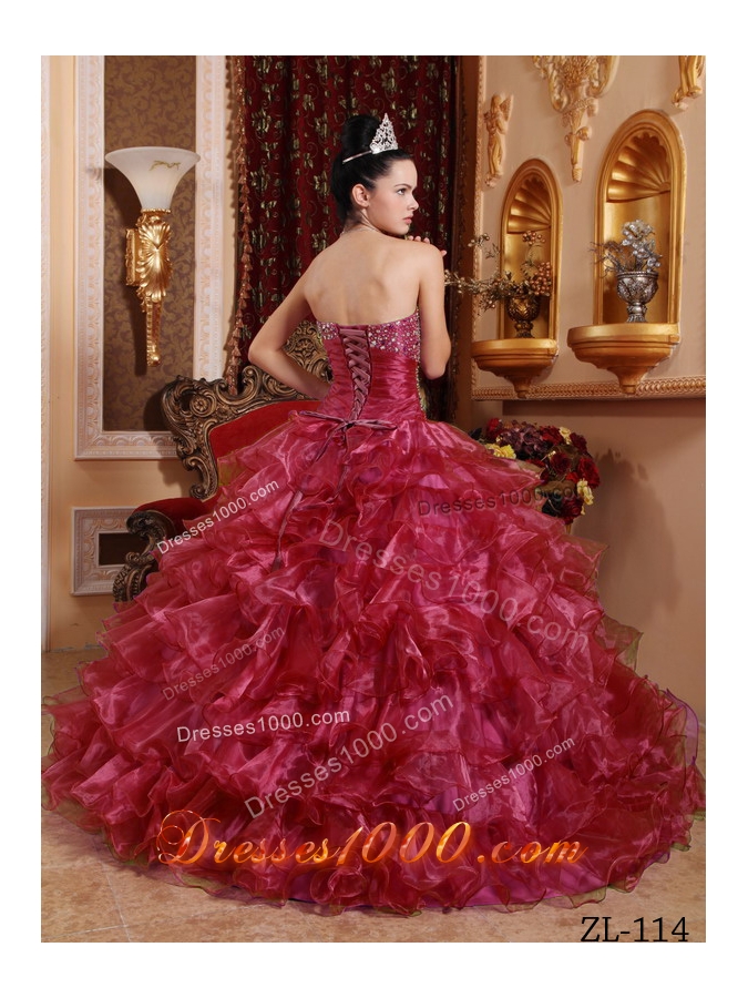 Red Strapless Organza Beading and Ruffles Quinceanera Dresses