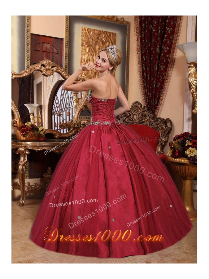 Strapless Taffeta and Tulle Appliques Quinces Wine Red Dresses