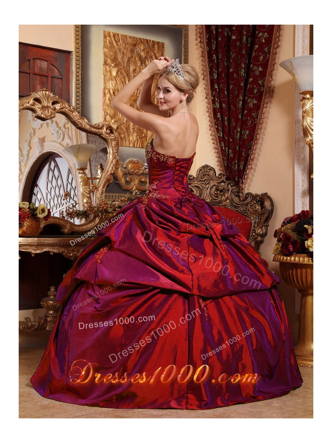 Strapless Taffeta Beading and Appliques Wine Red Quinceanera Dress