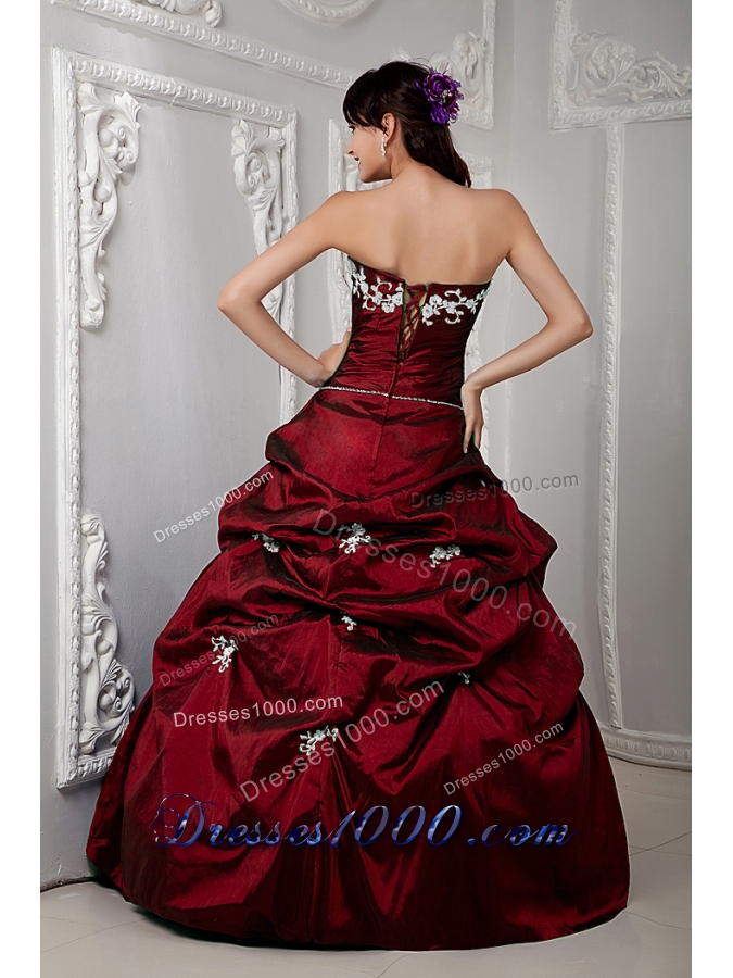 Taffeta Appliques Wine Red Quinceanera Dress with Pick-ups