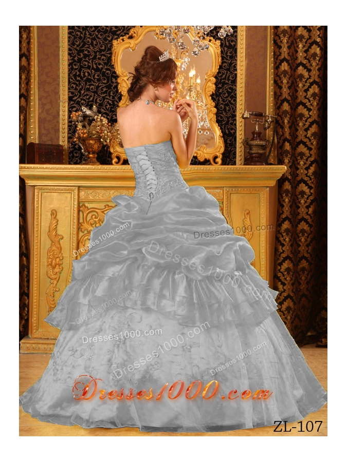 The Most Popular Gray Puffy Strapless with Appliques Quinceanera Dress for 2014