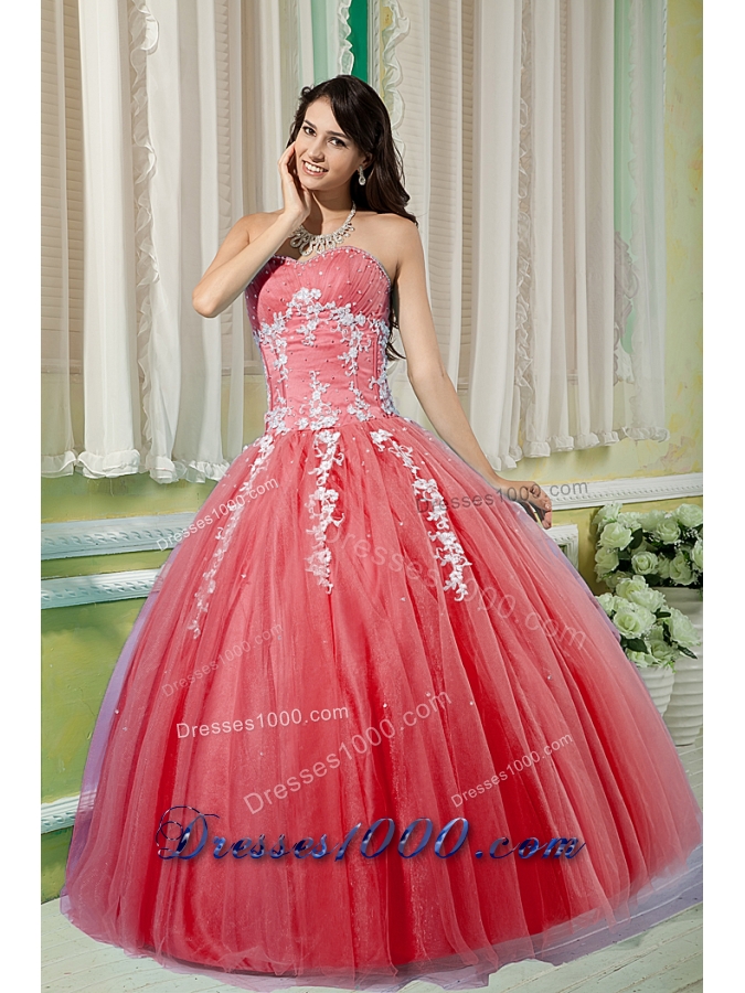 Watermelon Sweetheart Tulle Appliques Quinceneara Dresses On Sale