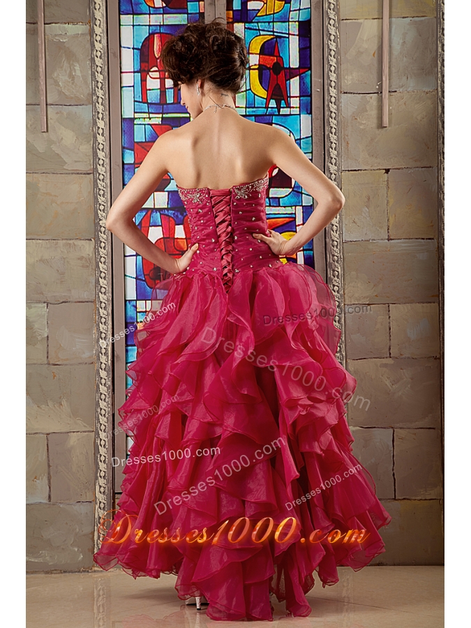 Wine Red A-line Sweetheart Organza Beading and Ruffles Sweet 16 Dresses