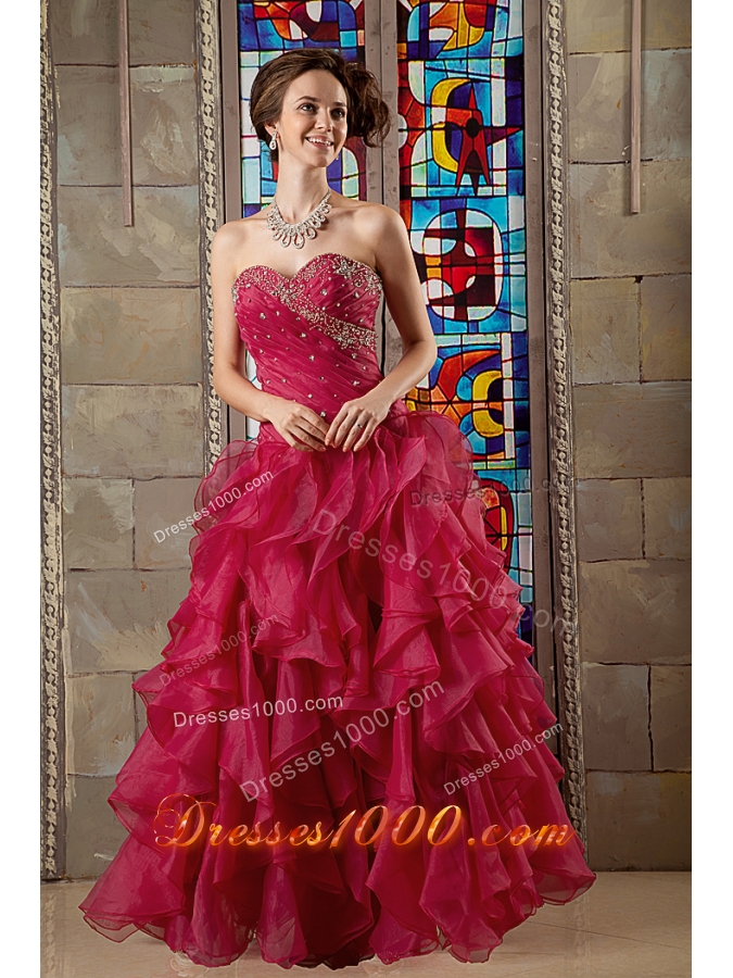 Wine Red A-line Sweetheart Organza Beading and Ruffles Sweet 16 Dresses