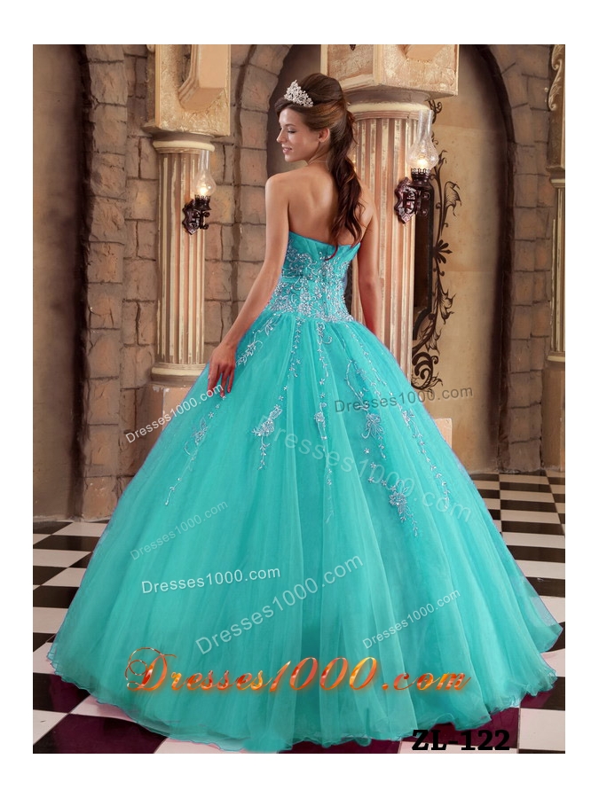 2014 Affordable Turquoise Ball Gown Beading Quinceanera Dress with Appliques