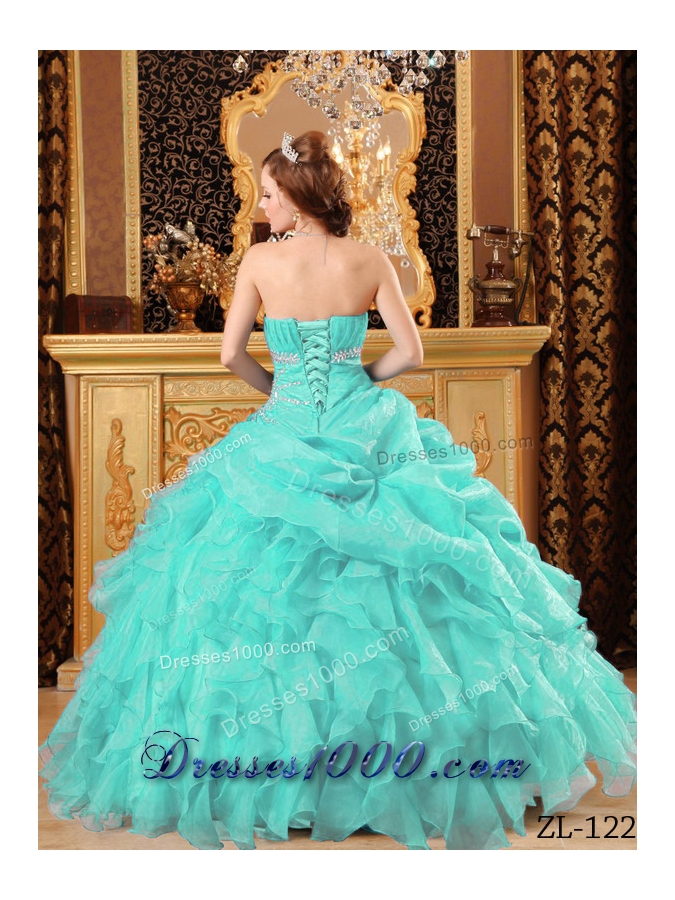 Aqua Blue Ball Gown Floor-length Organza Quinceanera Dress with Beading Ruffles