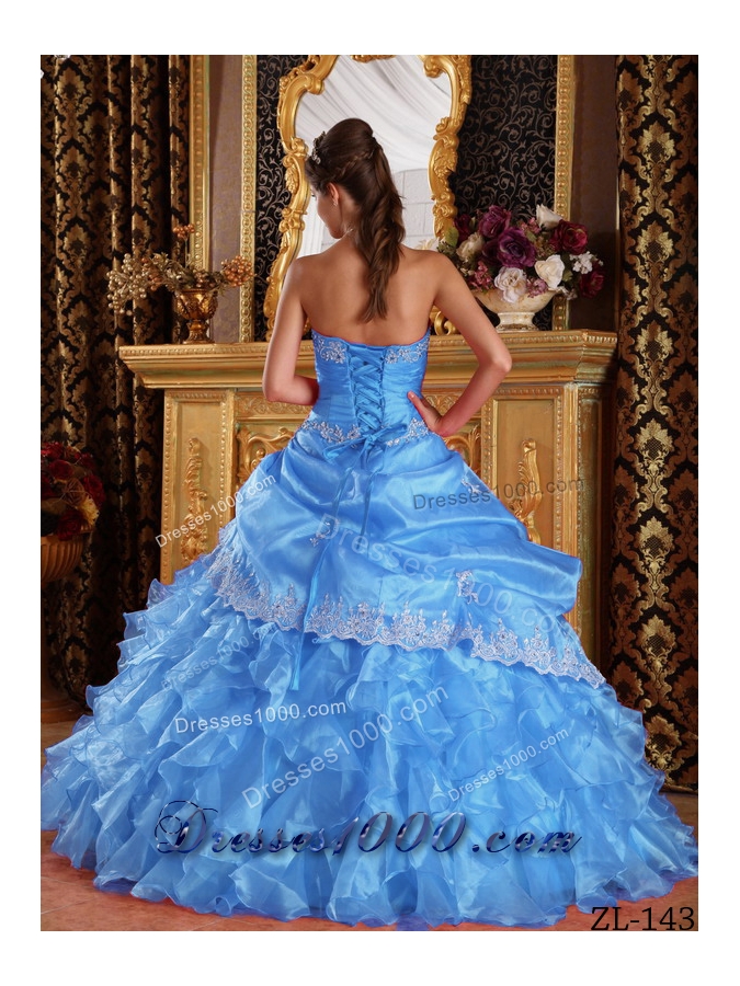Aqua Blue Ball Gown Strapless Floor-length Quinceanera Dress with Organza