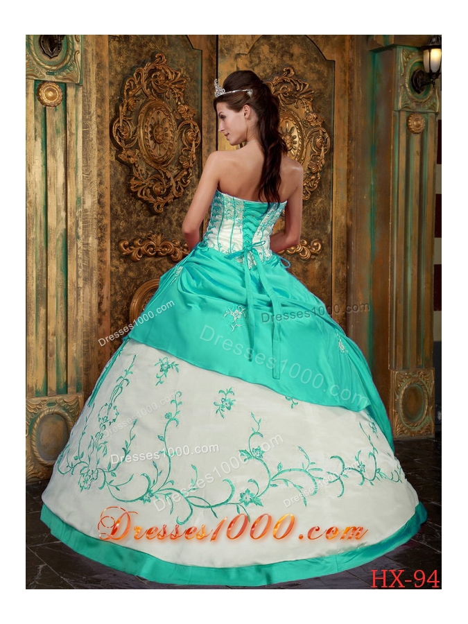 Aqua Blue Ball Gown Strapless Floor-length Satin Quinceanera Dress with Embroidery