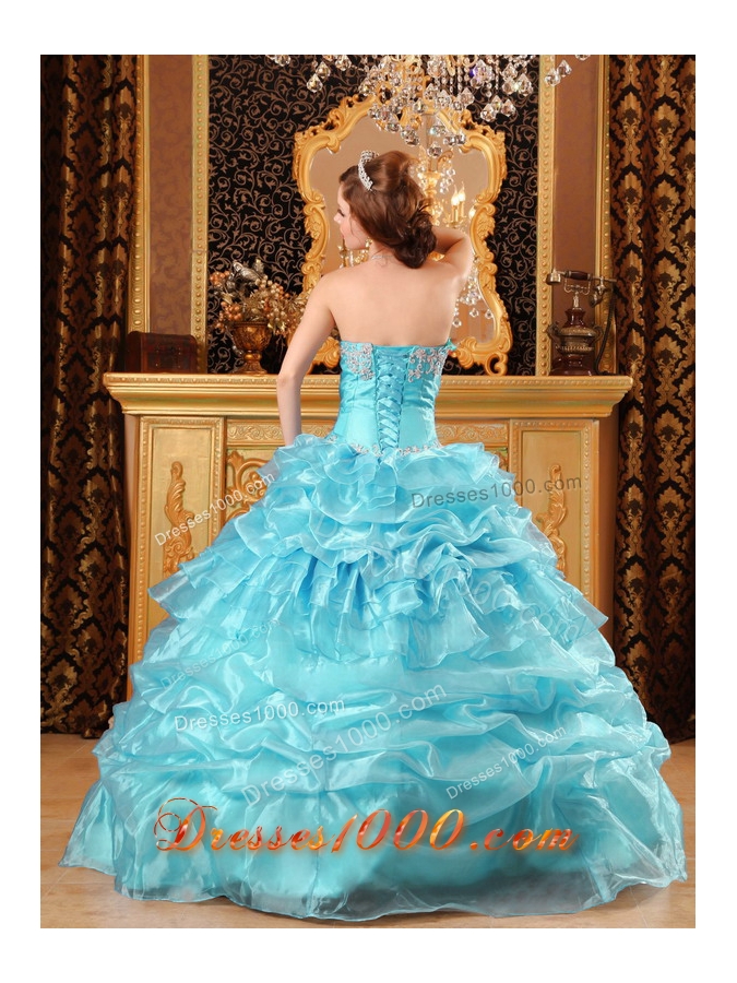 Aqua Blue Ball Gown Sweetheart Floor-length Quinceanera Dress with Organza Appliques