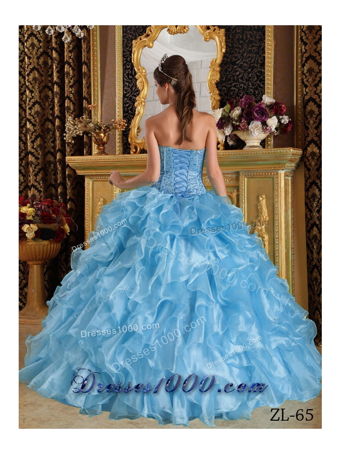 Aqua Blue Ball Gown Sweetheart Floor-length Ruffles Quinceanera Dress with Organza