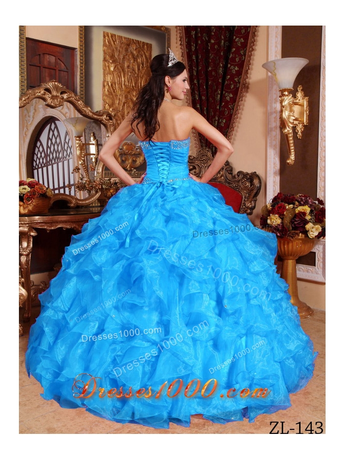 Aqua Blue Ball Gown Sweetheart Quinceanera Dress with Organza Beading
