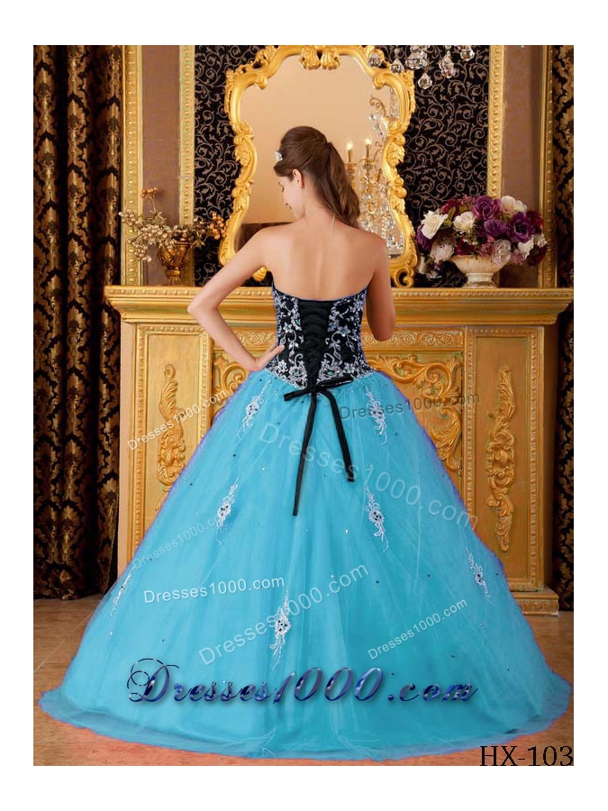 Aqua Blue Princess Sweetheart Beading Quinceanera Dress with Hand Made Flowers