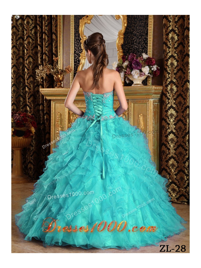 Beautiful Aqua Blue Sweetheart Ball Gown Ruffles Quinceanera Dress with Appliques